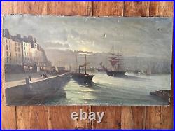 Marine Choose Light Moon Large Oil on Canvas Antique, Signed, IN Restore