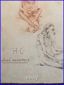 Mens Nus'Large Plank Antique Drawings Charcoal, Signed José Delacroix
