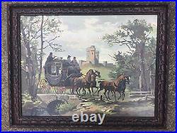 Mid Century Paint By Number Large Framed Painting Stagecoach To London Signed