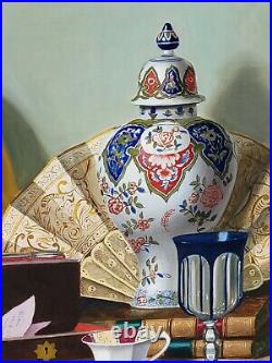 Nice Vintage 1960 Original Charles Cerny Oriental vase still life oil painting