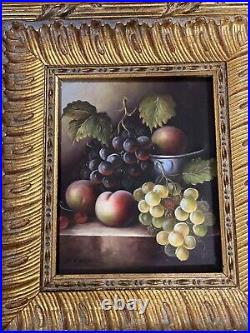 Oil Canvas Painting Antique Gold Ornate Frame Signed Fruit Naturemorte Grapes