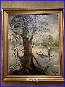 Oil Painting On Canvas Nature Boat Tree Painting Antique Gold Frame Signed