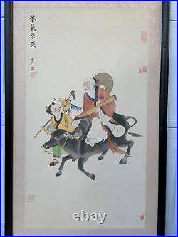 Old Antique Asian Chinese Folklore Painting Ziqi & Boya Traveling Wise Man On Ox