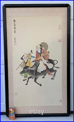 Old Antique Asian Chinese Folklore Painting Ziqi & Boya Traveling Wise Man On Ox