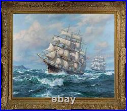 Old Master-Art Antique Oil Painting Seaview Sailboats on canvas 30x40