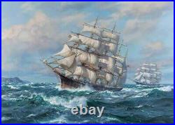 Old Master-Art Antique Oil Painting Seaview Sailboats on canvas 30x40