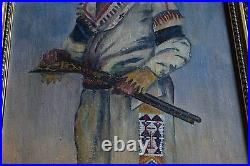 Old vintage painting of Native American chief with rifle, signed, large framed