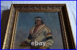 Old vintage painting of Native American chief with rifle, signed, large framed