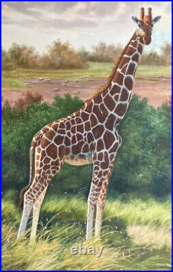Original Acrylic Painting Artist Signed Teniers Hans Giraffe African Landscape