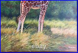 Original Acrylic Painting Artist Signed Teniers Hans Giraffe African Landscape
