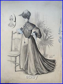 Original French ANTIQUE LAVIS signed GAULEY on Bristol Ink watercolored
