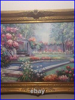 Original SIGNED P. Taylor Canvas Painting Stunning Flowers Garden Colorful Frame