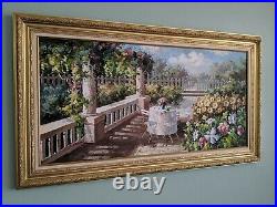 Original signed J. Abrams Oil On Canvas Painting Garden Scene 24x48. 3 Flower Vas