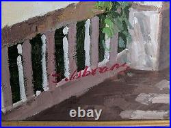 Original signed J. Abrams Oil On Canvas Painting Garden Scene 24x48. 3 Flower Vas