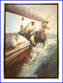 Painting Fisherman in Stormy Sea Signed S. Gustafson Vintage Seascape Art Decor