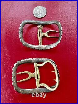 Pair Antique 18th Century Silver & Brass Large Shoe Buckles 2 1/2x2 Signed