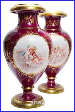 Pair Of Antique ROYAL VIENNA Hand Painted Cherub Signed Large Porcelain Vases