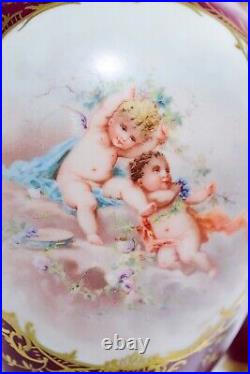 Pair Of Antique ROYAL VIENNA Hand Painted Cherub Signed Large Porcelain Vases