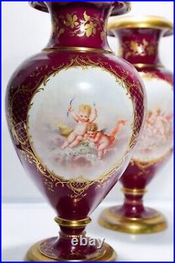 Pair Of Antique ROYAL VIENNA Hand Painted Cherub Signed Large Porcelain Vases