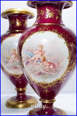 Pair Of Antique ROYAL VIENNA Hand Painted Cherub Signed Large Porcelain Vases