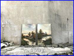 Pair of Large Antique Landscape Oil Paintings on Canvases Signed