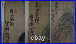 Pair of Large Old Antique Korean Sumi Ink Man Fishing Mountain Signed