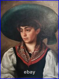 Portrait of a Beautiful Spanish Girl Lady, Signed Large Antique Oil Painting