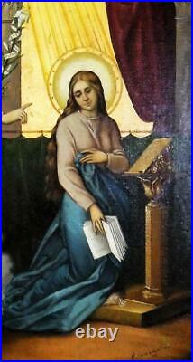 Pre-Raphaelite, Angel Saint Portrait Annunciation Large Antique Oil Painting