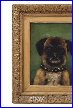 Pug Dog Portrait Early Antique Animal Painting on Canvas Signed E. C