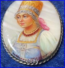 RARE Antique Russian Hand Painted Portrait Mother of Pearl Signed Large Brooch
