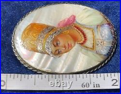 RARE Antique Russian Hand Painted Portrait Mother of Pearl Signed Large Brooch