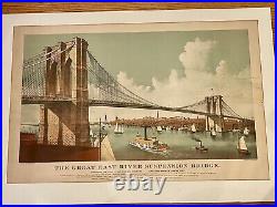 RARE Currier & Ives Brooklyn Bridge Large Folio Lithograph 1886 Great Suspension