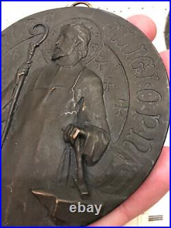 RARE Large Antique French Bronze Medal Plaque St Eligius Signed Tricard c1920