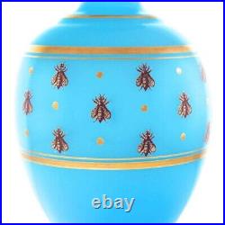 Rare Antique Signed Baccarat France Blue Opaline Art Glass Vase with Golden Bees