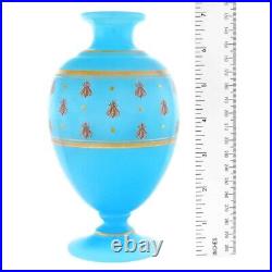 Rare Antique Signed Baccarat France Blue Opaline Art Glass Vase with Golden Bees