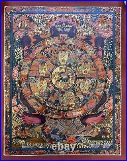 Rare Hand Painted Tibetan Wheel Life mandala thangka painting Om Signed Yoga A12