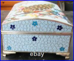 Rare Large Inaba Peacock Blossom Cloisonne Blue Enamel Music Jewelry Box Signed