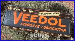 Rare Large Vintage Antique Veedol Metal Store Shelf Heavy Embossed Enamel Sign