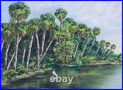 Rare Signed 1976 Ashby Jones Large Tropical Landscape Art Painting Florida