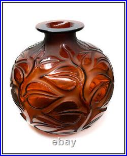 Rene Lalique Rare Large Sophora Glass Vase Hand Signed Red Amber Crystal Antique
