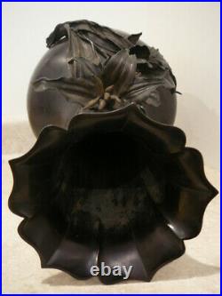 S20 Large Antique Japanese Bronze Floral Vase Bottle Form Meiji Period Signed
