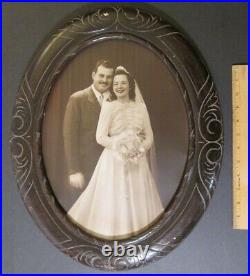 SIGNED ANTIQUE WEDDING PHOTOGRAPH in LARGE OVAL PICTURE FRAME 19 3/4 x 16