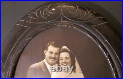 SIGNED ANTIQUE WEDDING PHOTOGRAPH in LARGE OVAL PICTURE FRAME 19 3/4 x 16