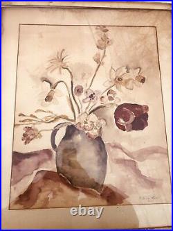 SIGNED Haunted Watercolor Large Flowers Antique Victorian Art 13 Yr Old Girl