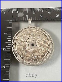 Signed Antique 900 Silver Large Filigree Chinese Double Dragon Medallion Pendant