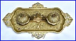 Signed Louis XV Style Antique Large Cast Base Double Inkwell/Desk Stand Putti