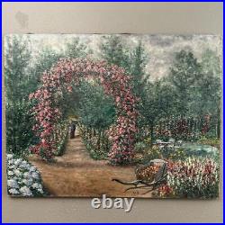 Signed, Unframed French Antique Oil on Canvas Painting- Garden Trellis & Path