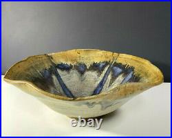 Studio Pottery Large Fluted Flared Bowl Stoneware Signed VINTAGE