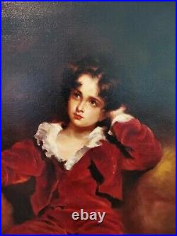 The Red Boy Sir T. Lawrence Portrait of a Child Signed Large Antique Oil Painting