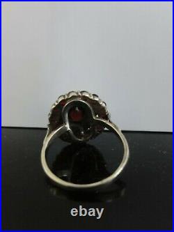 VICTORIAN FAB LARGE RING THREE LAYERS BOHEMIAN GARNET GOLD ON SILVER 835 Signed